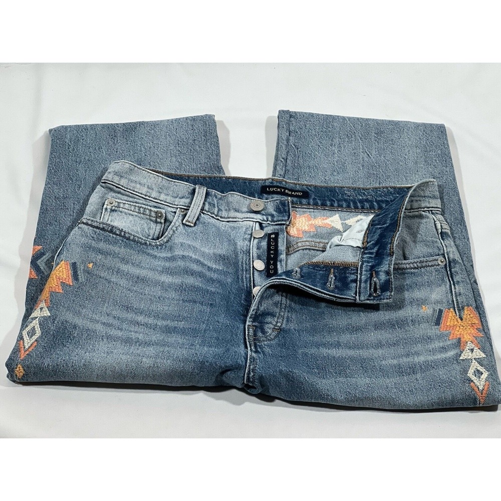 Lucky Brand Drew Mom Jeans Womens 8 29 Blue Denim High Rise Embroidered Retro - Picture 2 of 16